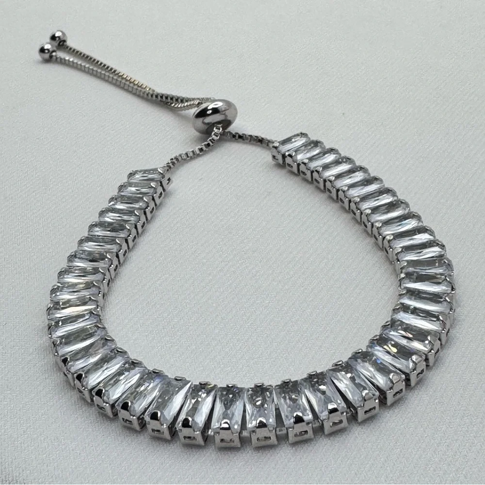 Diamond Look Swarovski Crystal Silver Baguette Bolo Tennis Bracelet New Sparkle