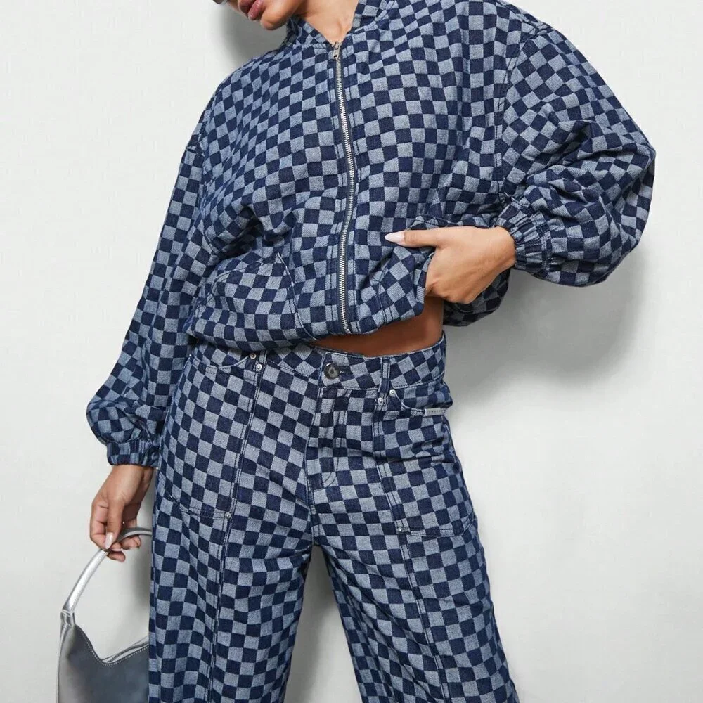 Blue Casual Women's Denim Checkboard Bomber Zip Through Jacket