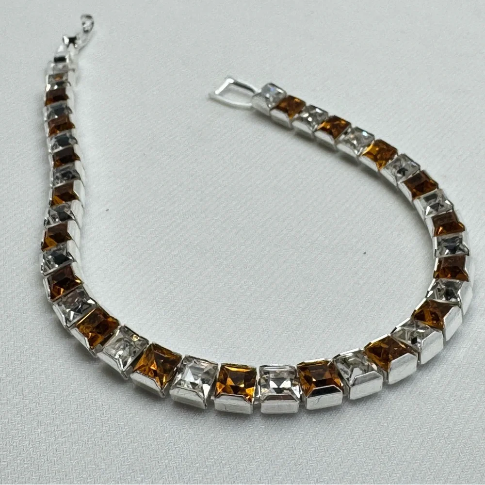 Swarovski Crystal Tennis Bracelet Silver Clear Amber Princess Cut Stackable