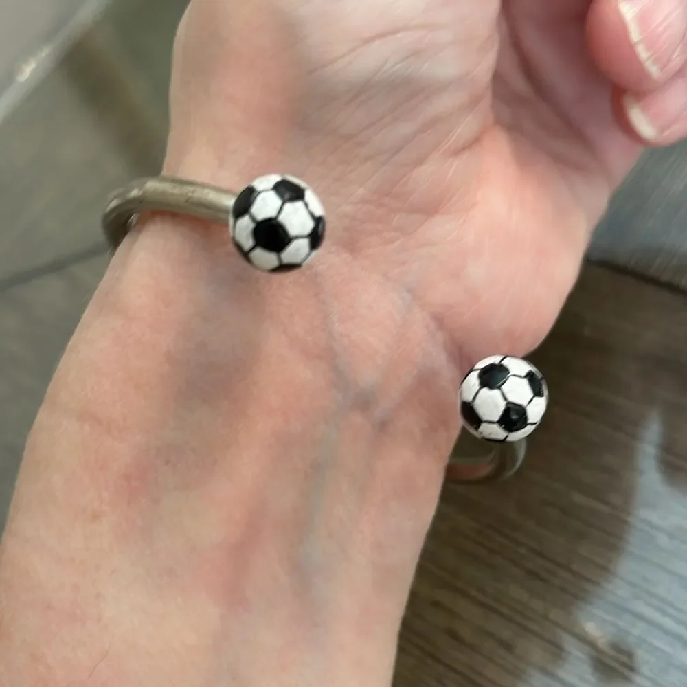 Soccer Charm Bracelet Soccer Ball Ends  Circular Barbell Cuff Bracelet