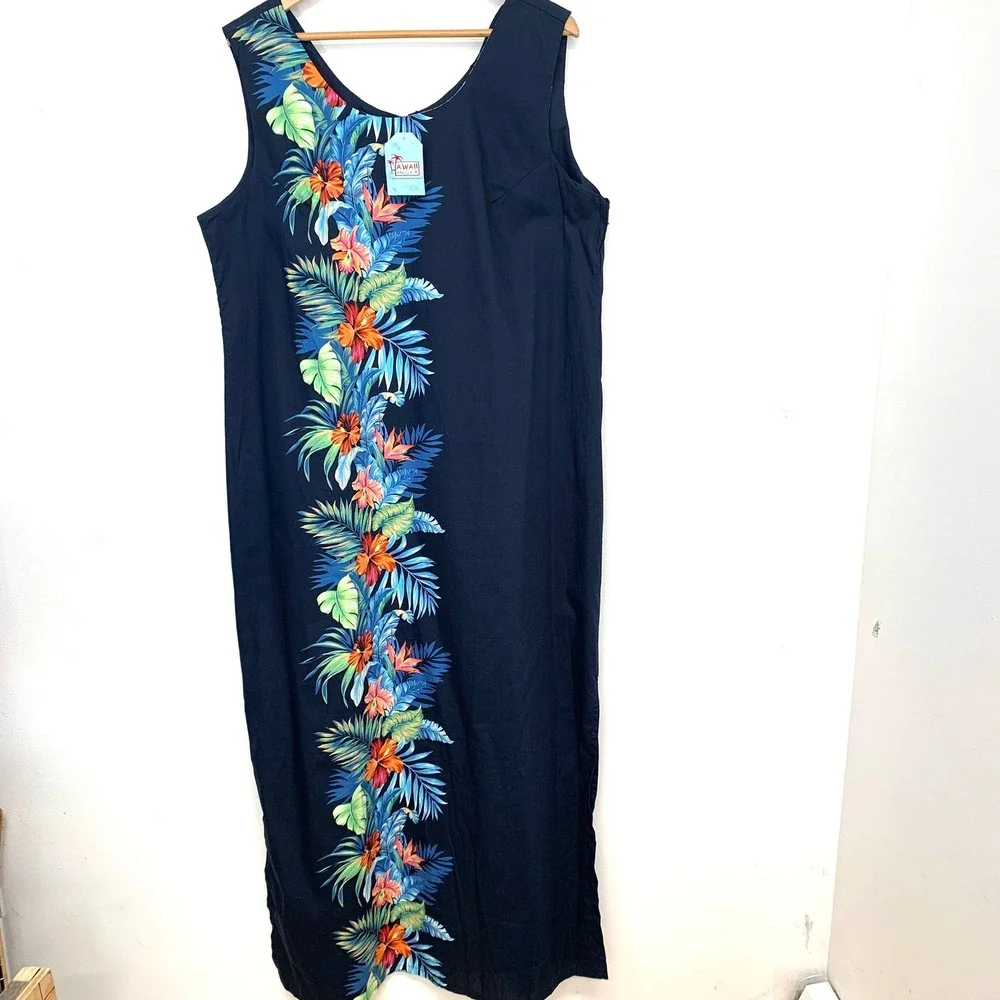 Hawaii Hangover Maxi Tropical Dress  3XL Navy Blue  Floral 100%  Cotton  New