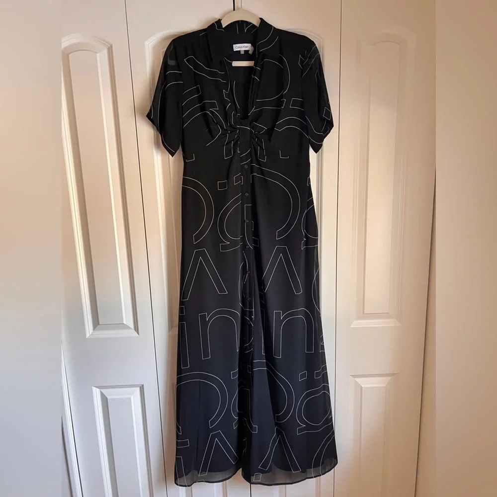 Calvin Klein Black CK Logo Print Chiffon Maxi Dress Size 6 | Spring Summer