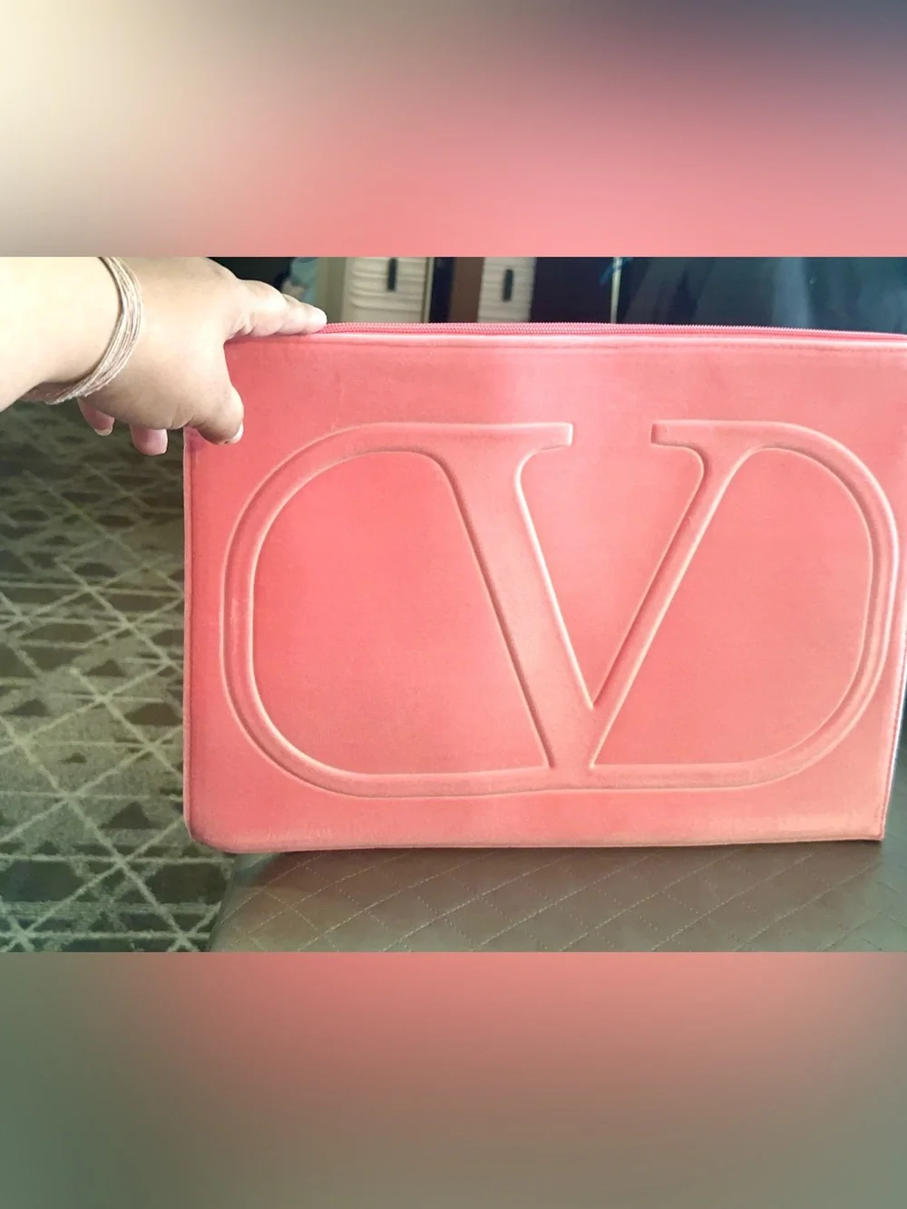 Valentino  Pink Embossed V Logo large Soft Velvet Laptop Sleeve