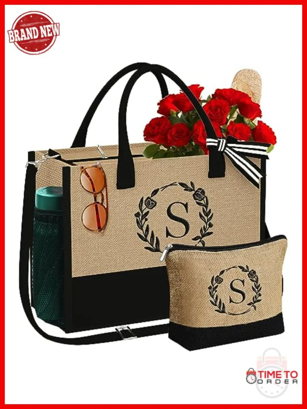 Personalized Initial Jute Tote Bag with Makeup Bag, Monogram Embroidery