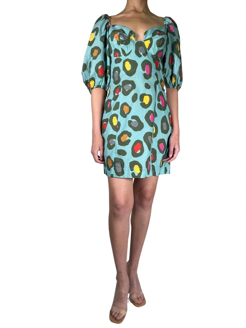 FARM Rio Turquoise Puff-Sleeve Mini Dress with Abstract Spot Print (121)