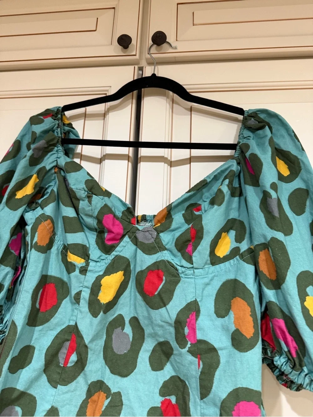 FARM Rio Turquoise Puff-Sleeve Mini Dress with Abstract Spot Print (121)