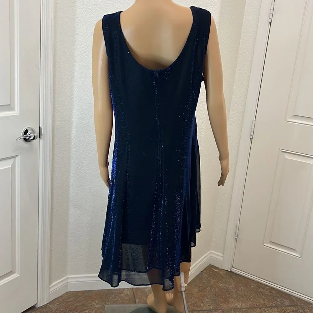 Dress Sz 16 Sheer Royal Blue Metallic Lined Scoop Neck Sleeveless Midi