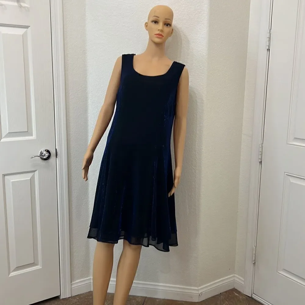 Dress Sz 16 Sheer Royal Blue Metallic Lined Scoop Neck Sleeveless Midi