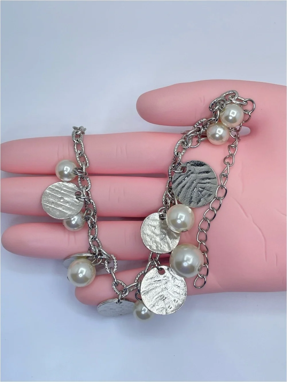 Silver Tone Faux Pearl Charm Bracelet Disc Dangle Boho