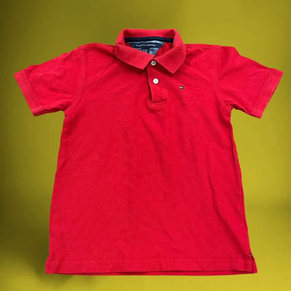 Tommy Hilfiger Polo Boys Medium 12/14 Flag Logo Red Button Up Shirt Embroidered