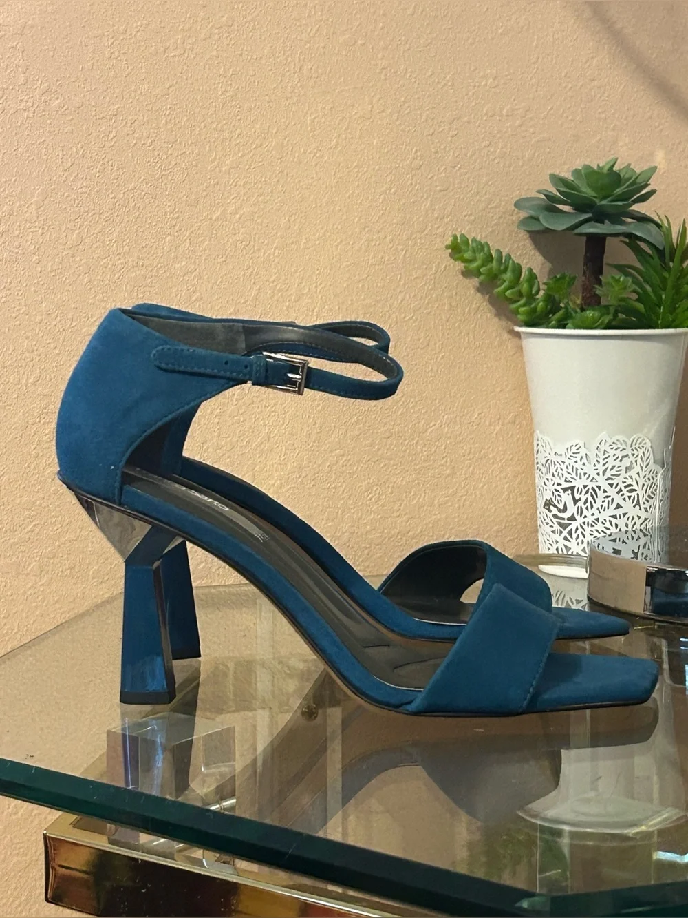 Never Worn * Franco Sarto Blue Suede Open-Toe Silver Heel Sandals Size 9.5