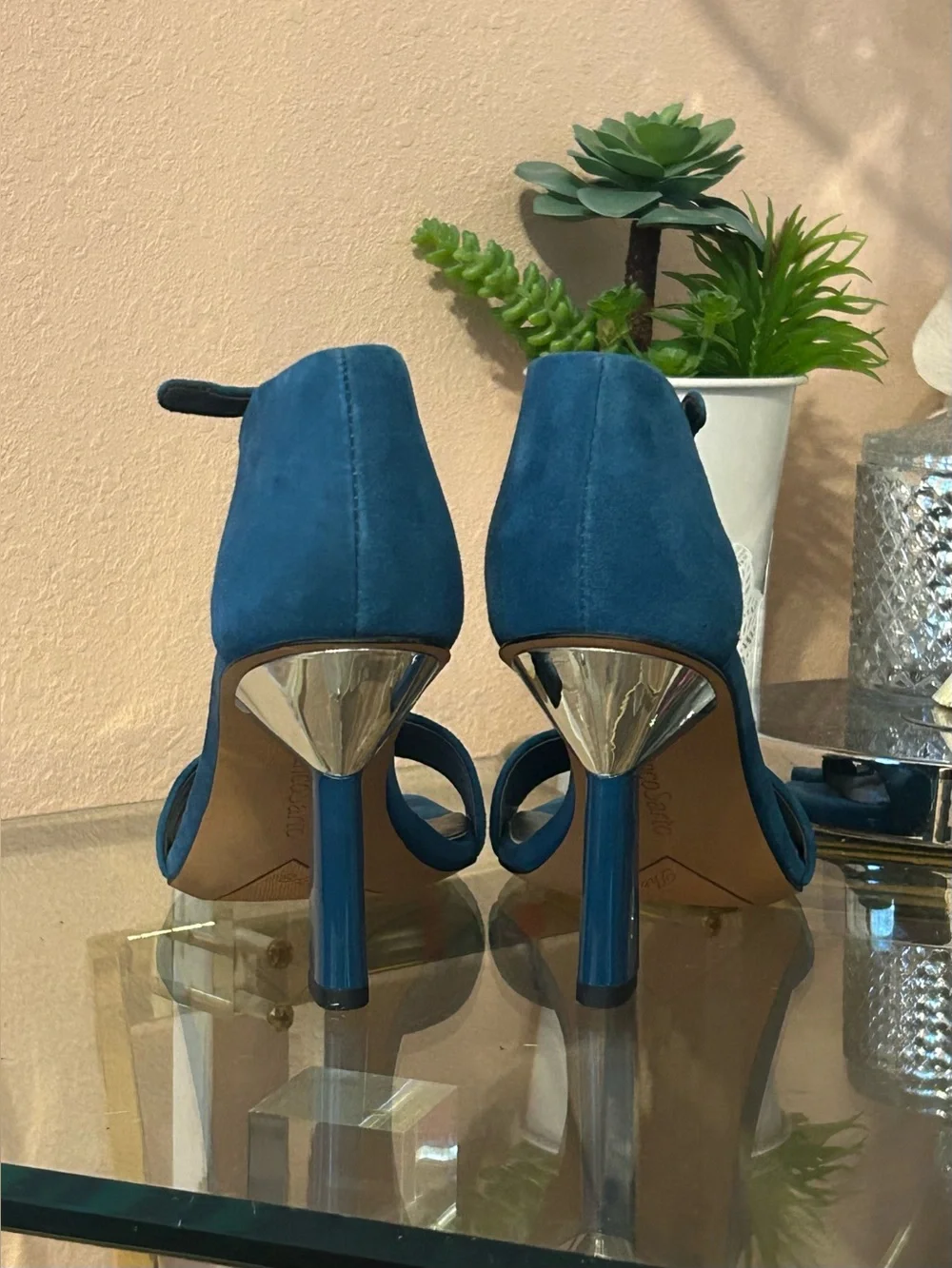 Never Worn * Franco Sarto Blue Suede Open-Toe Silver Heel Sandals Size 9.5