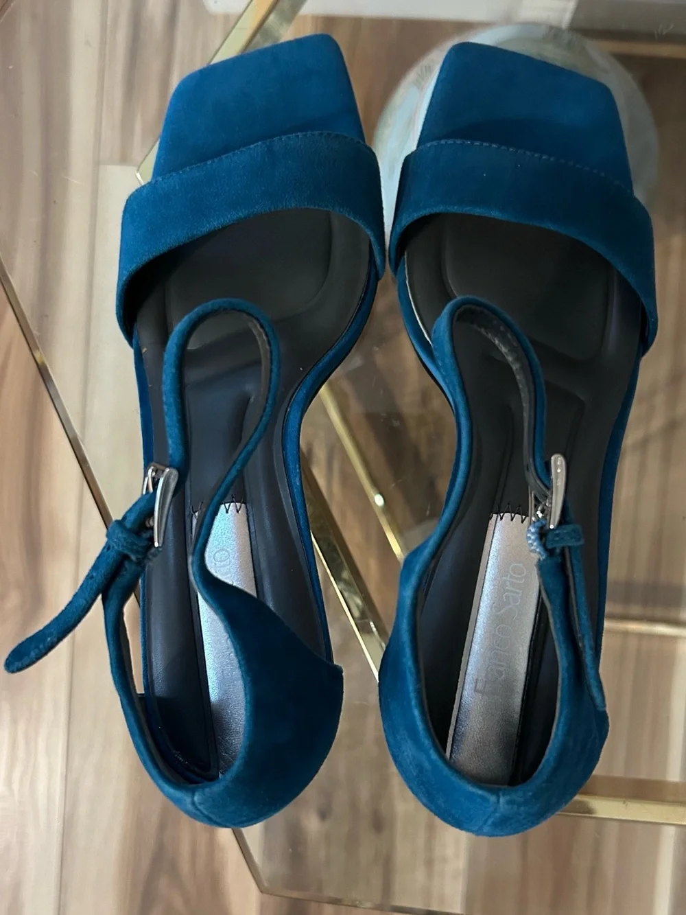 Never Worn * Franco Sarto Blue Suede Open-Toe Silver Heel Sandals Size 9.5
