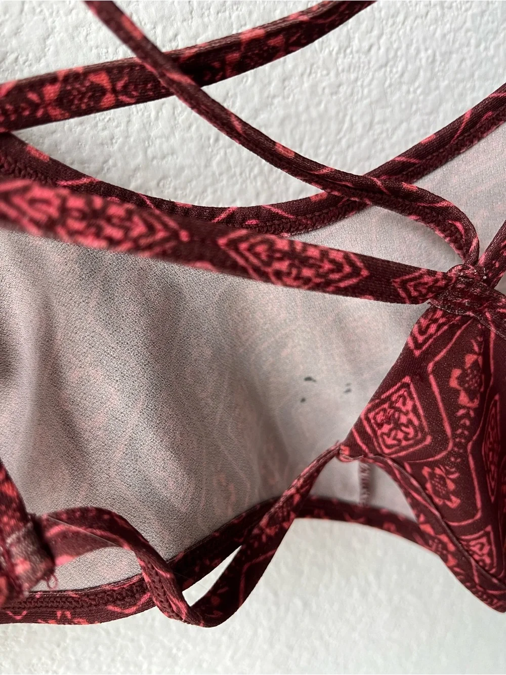 Red Batik geometric bralette, criss-cross straps, Free People, Intimately