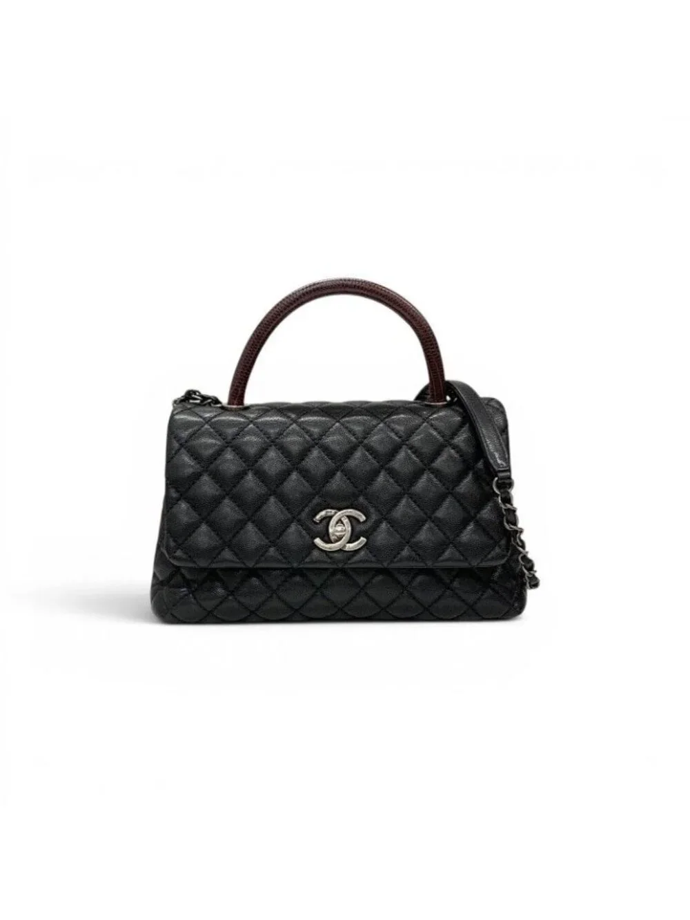 Chanel Coco Handle 29 Shoulder Bag Black Bordeaux Silver Quilted CC Logo