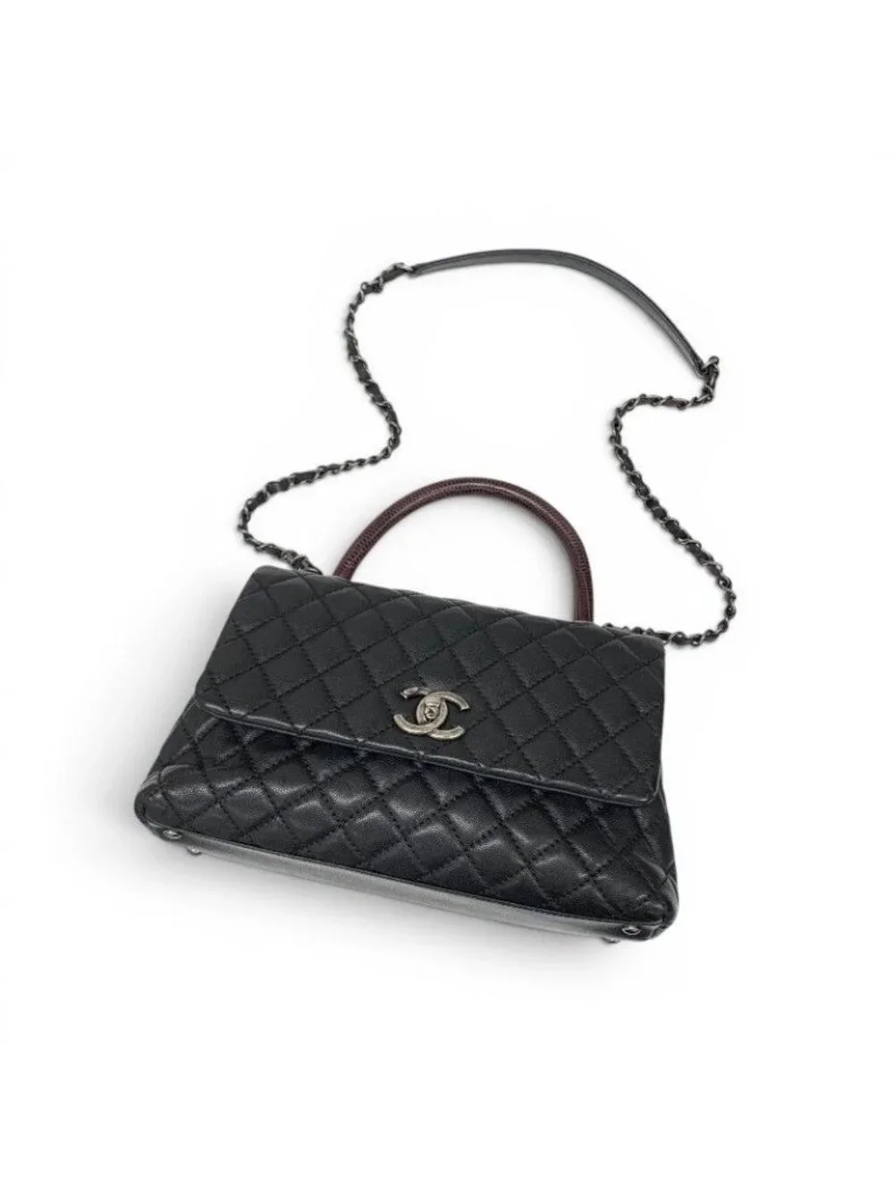 Chanel Coco Handle 29 Shoulder Bag Black Bordeaux Silver Quilted CC Logo