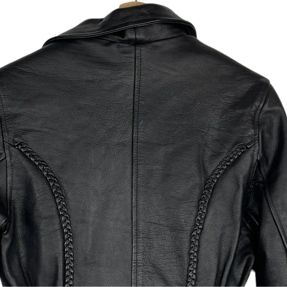 BIKERS DREAM APPAREL HEAVY LEATHER ZIP UP BRAIDED TRIM MOTORCYCLE MOTO JACKET