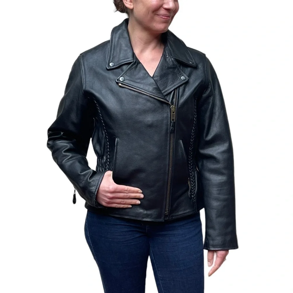 BIKERS DREAM APPAREL HEAVY LEATHER ZIP UP BRAIDED TRIM MOTORCYCLE MOTO JACKET