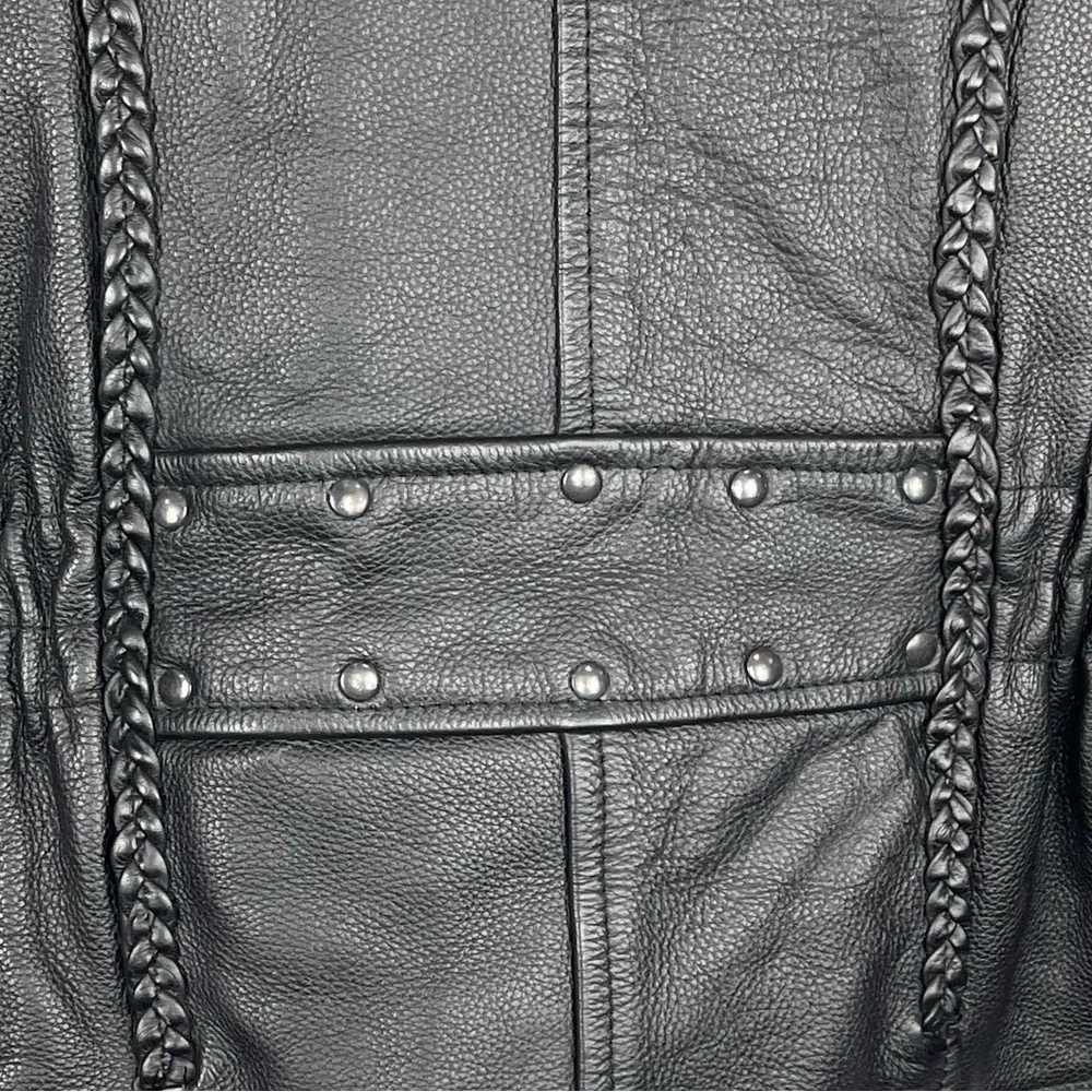 BIKERS DREAM APPAREL HEAVY LEATHER ZIP UP BRAIDED TRIM MOTORCYCLE MOTO JACKET