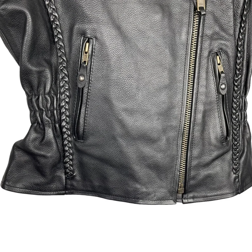 BIKERS DREAM APPAREL HEAVY LEATHER ZIP UP BRAIDED TRIM MOTORCYCLE MOTO JACKET