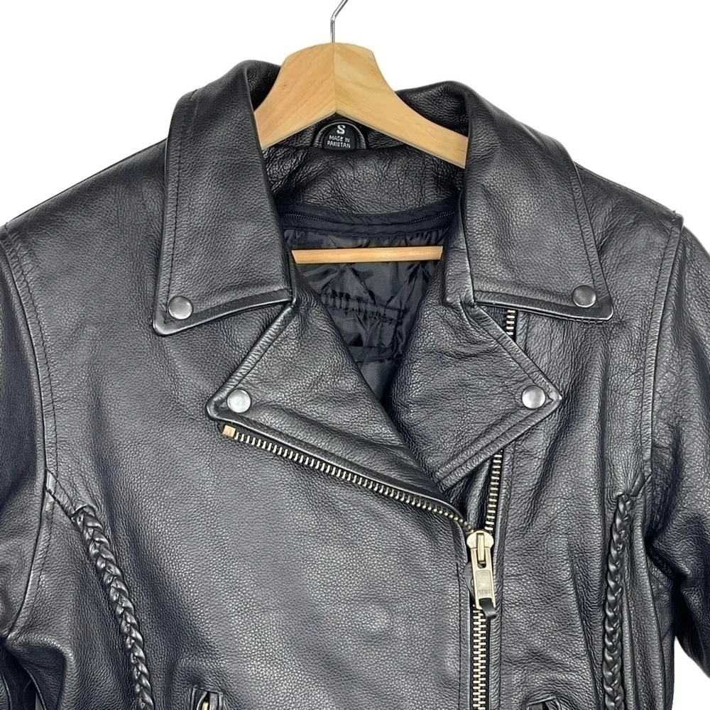 BIKERS DREAM APPAREL HEAVY LEATHER ZIP UP BRAIDED TRIM MOTORCYCLE MOTO JACKET