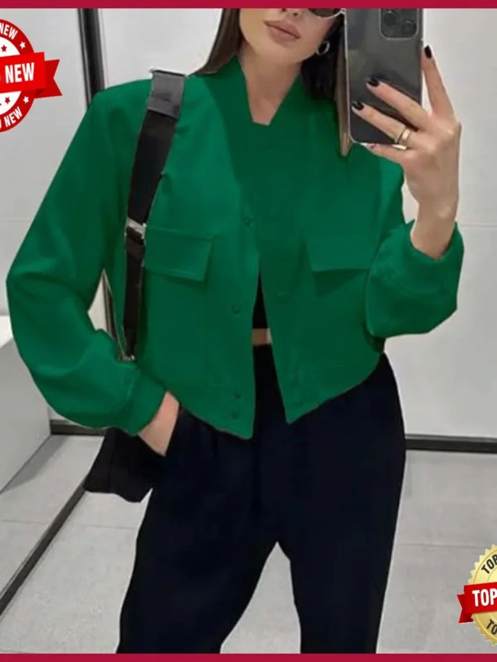 Cropped Bomber Jacket Button Down Varsity Shacket with Pockets