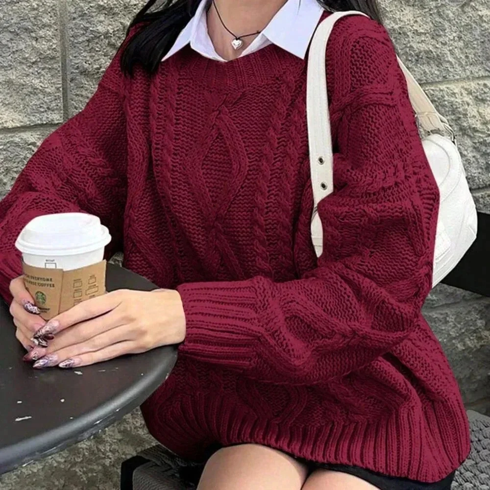Burgundy Casual Women's Round Neck Cable Knit Long Sleeve Sweater