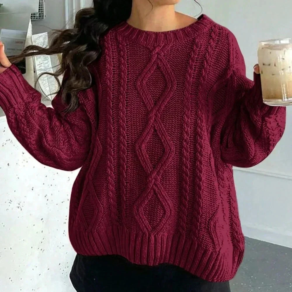 Burgundy Casual Women's Round Neck Cable Knit Long Sleeve Sweater