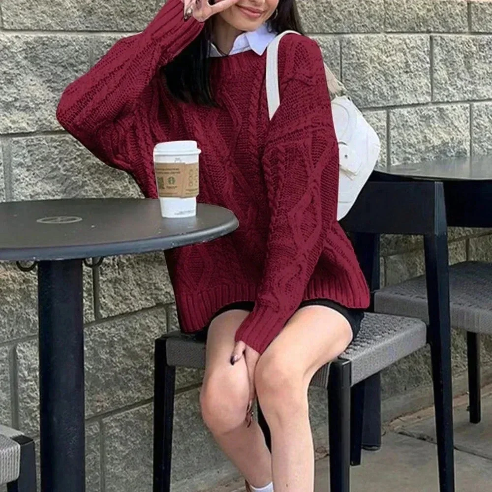 Burgundy Casual Women's Round Neck Cable Knit Long Sleeve Sweater