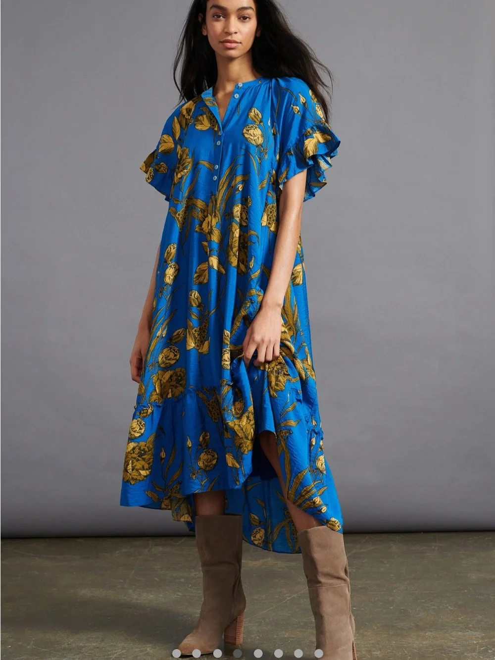 Anthropologie Blue Floral High-Low Midi Dress with Gold Print