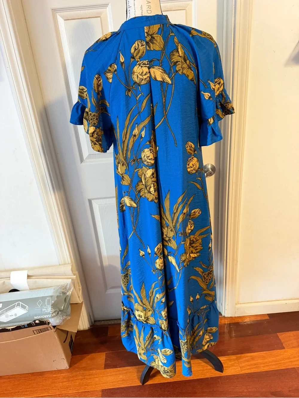 Anthropologie Blue Floral High-Low Midi Dress with Gold Print
