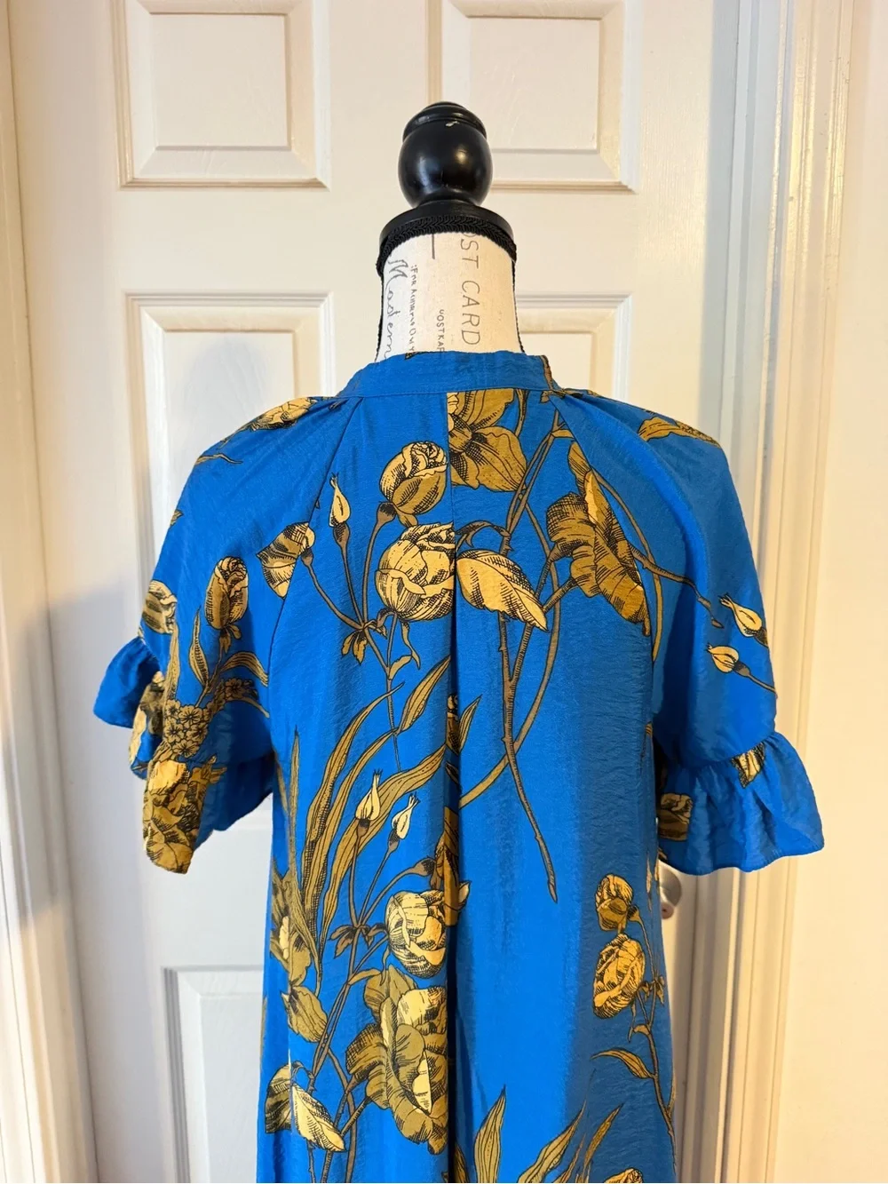 Anthropologie Blue Floral High-Low Midi Dress with Gold Print