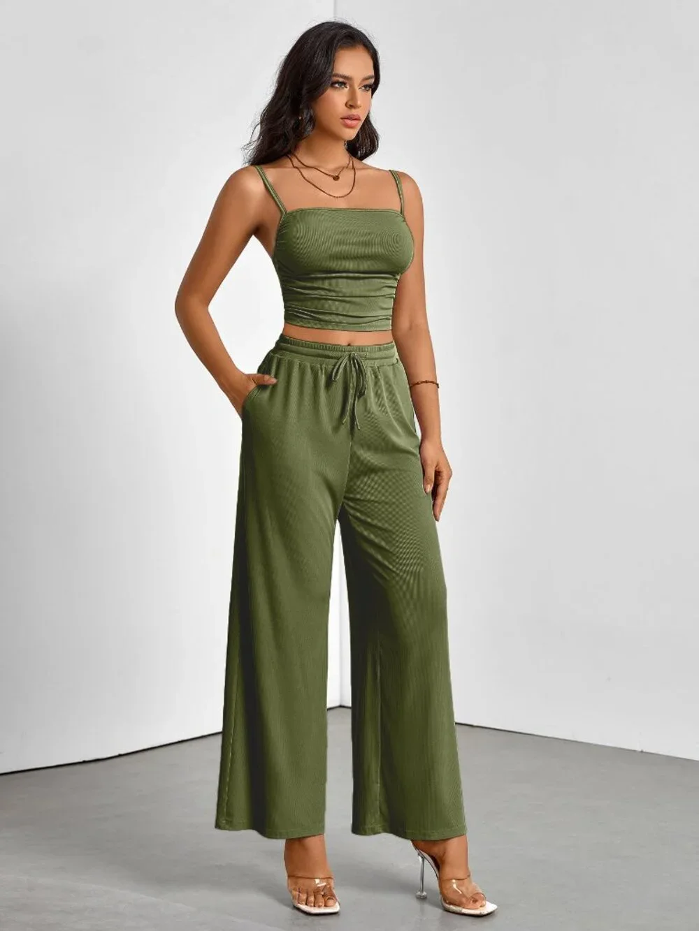 Olive Green Textured Spaghetti Strap Crop Top & Drawstring Wide Leg Pants 2 Piec