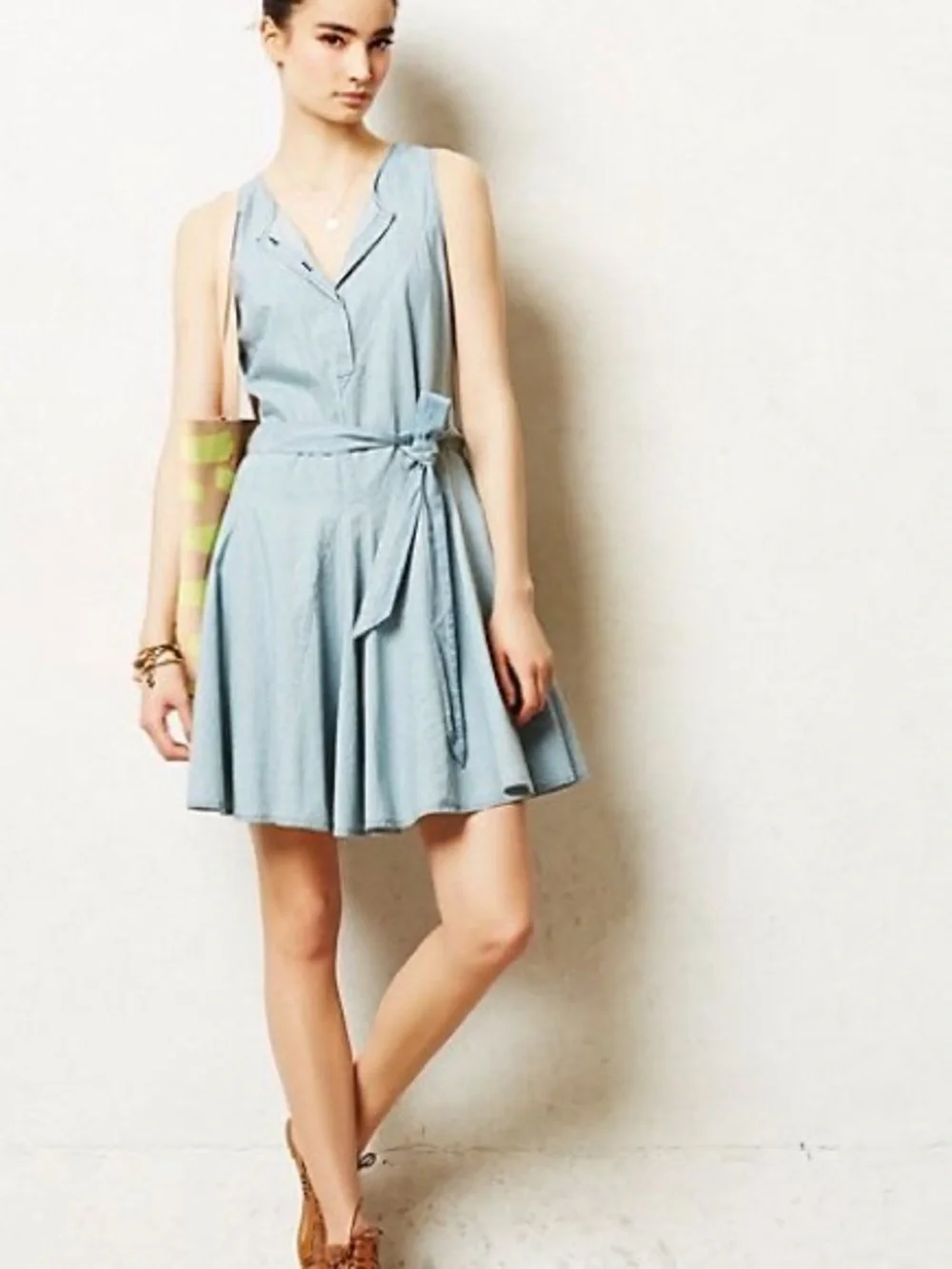Anthropologie Light Blue Sleeveless Tie-Waist Mini Dress