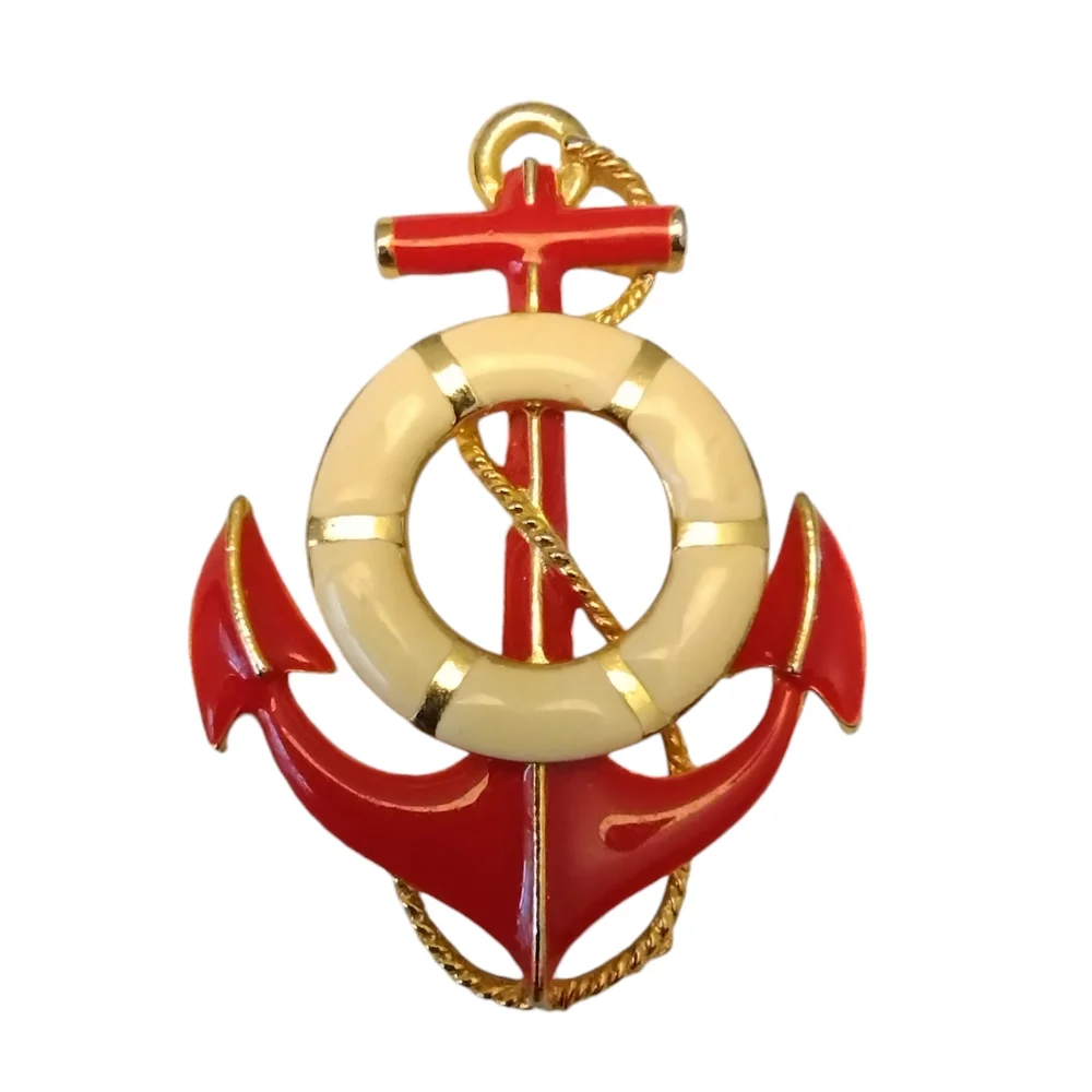 Vintage Anchor Brooch Red Cream Nautical Lifesaver Pin