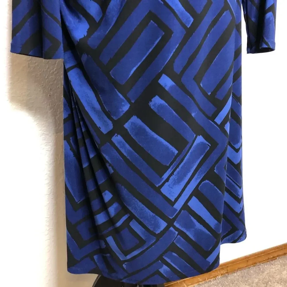 Lauren Ralph Lauren blue black geometric ruched side midi dress size 16W