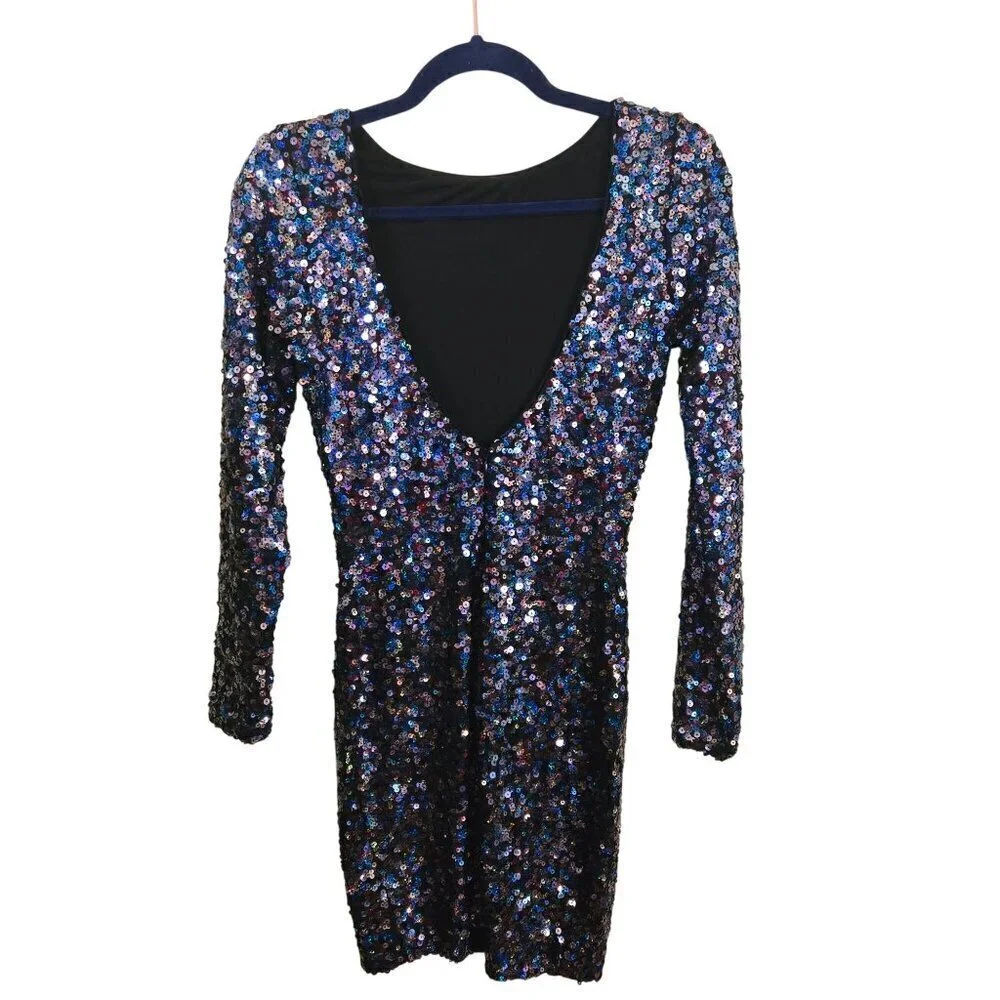 Dress The Population Lola Sequined Dress Blue Multi Open Back Bodycon Size S