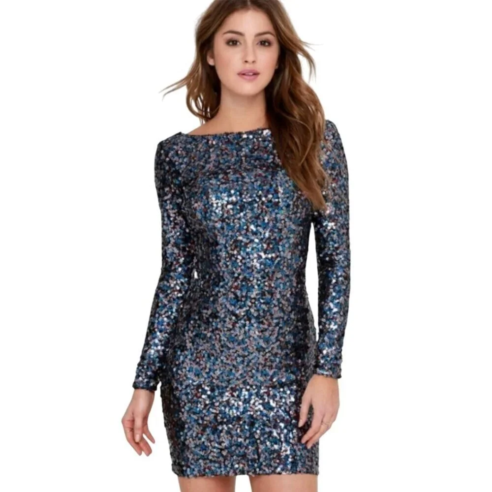 Dress The Population Lola Sequined Dress Blue Multi Open Back Bodycon Size S