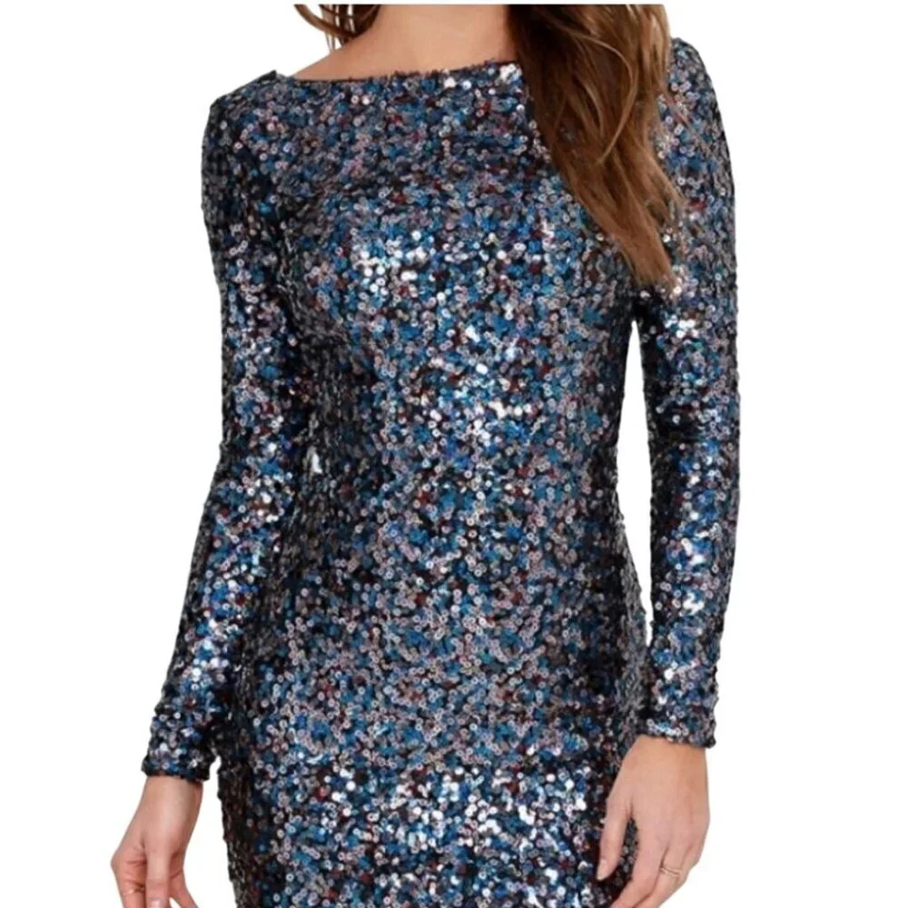 Dress The Population Lola Sequined Dress Blue Multi Open Back Bodycon Size S