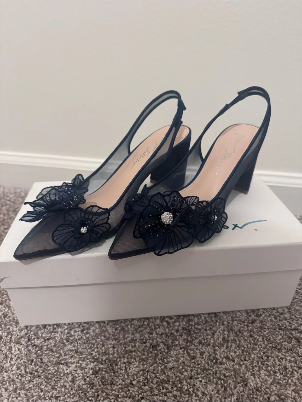 Betsey Johnson Embellished Navy Floral Slingback Heels