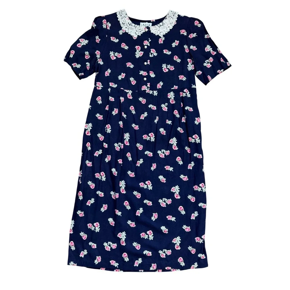 Vintage Floral Midi Dress Navy Pink Lace Collar Pearl Buttons cottage prairie