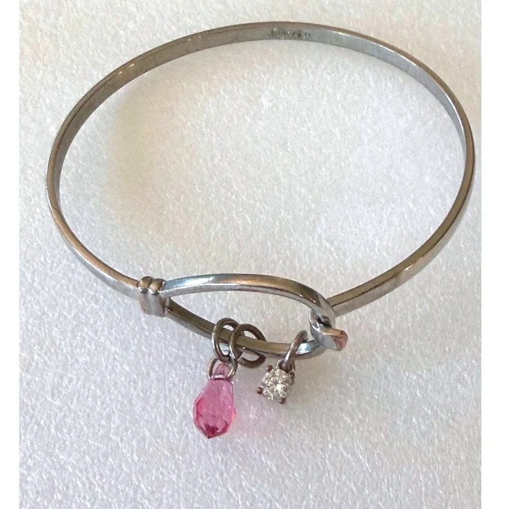 Carolina Herrera 925 Sterling Silver‎ Charm Bangle Bracelet Pink Crystal Drop