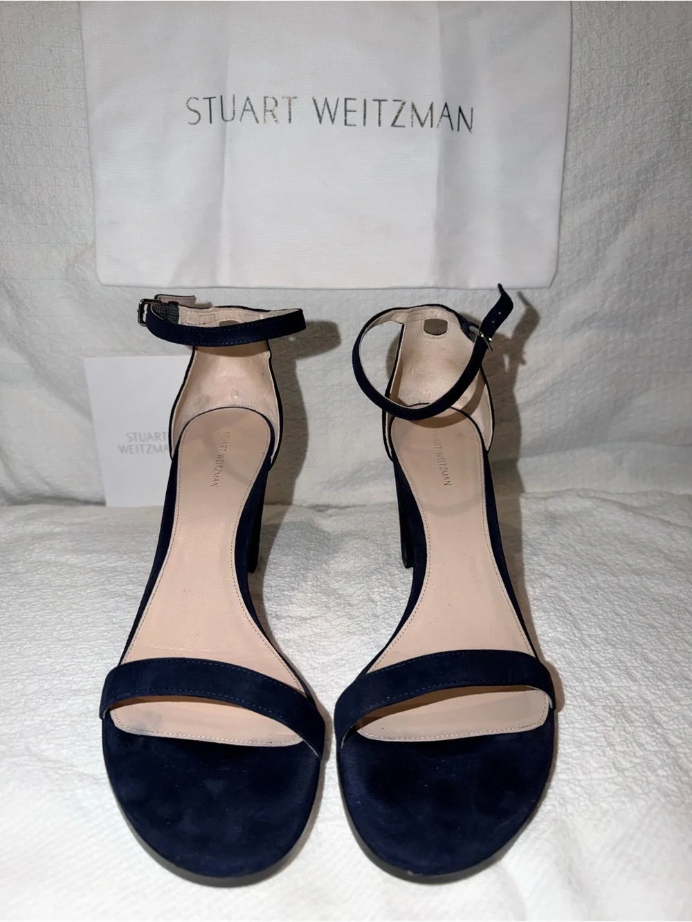 Stuart Weitzman Navy Nearly Nude Suede Sandals, WIDE WIDTH!