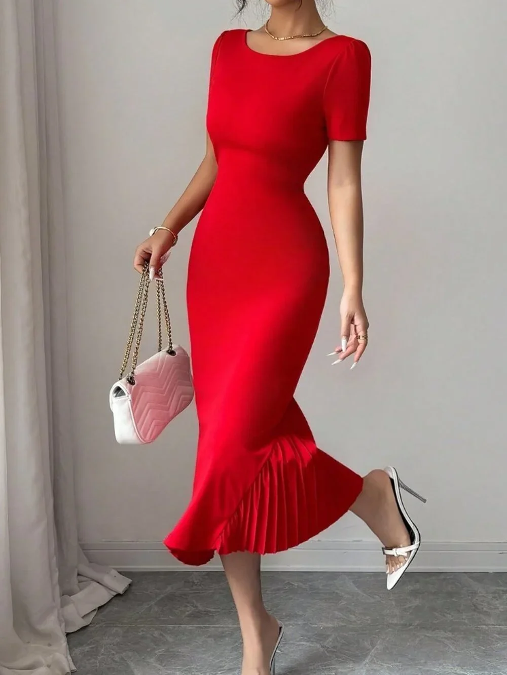 Red Elegant Women's Button-Decorated Short Sleeve Slim Fit Long Dress