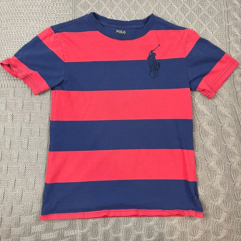 Polo by Ralph Lauren Boys Youth Red & Blue Color Block Striped Tee - 8