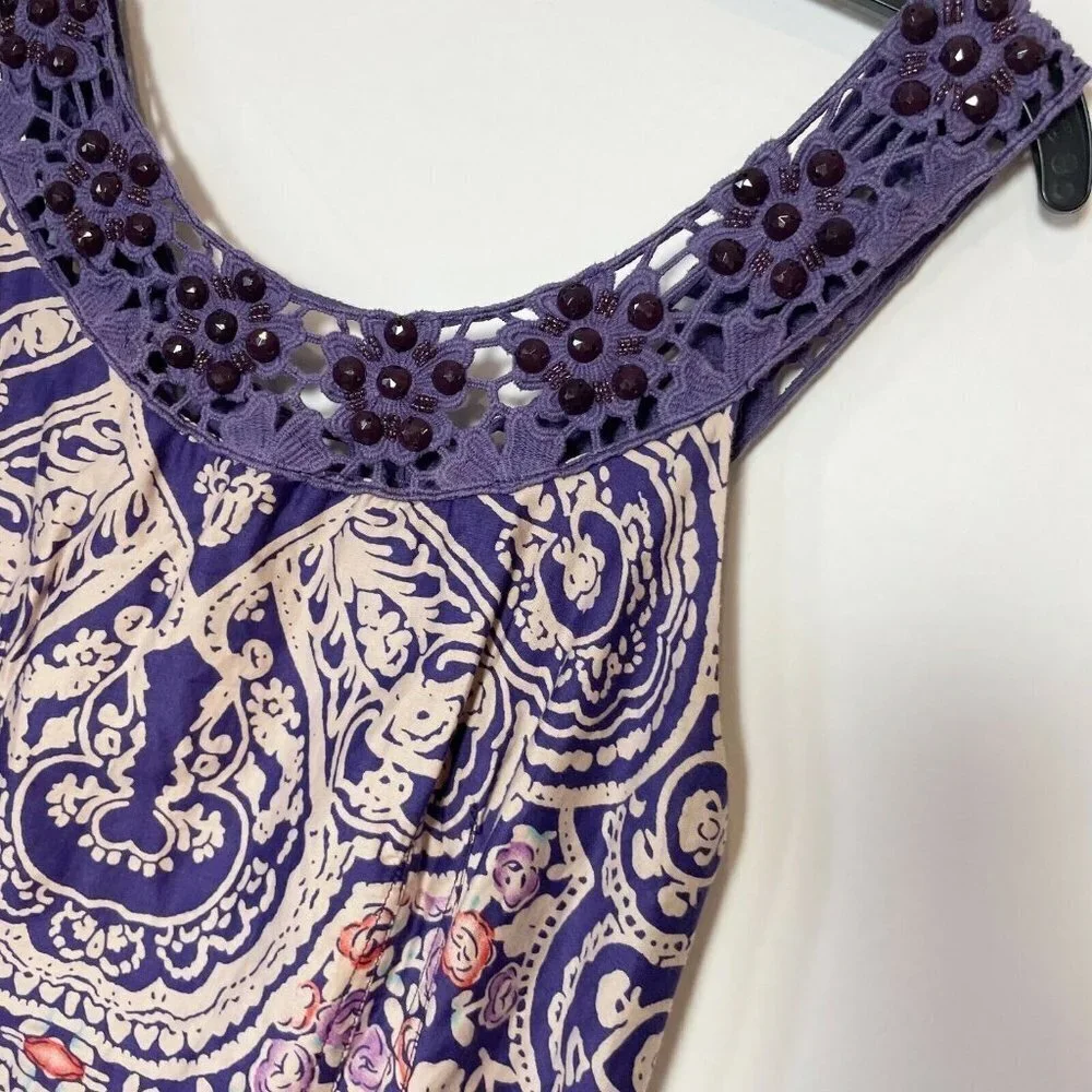 Free People Beaded Crochet Trim Sleeveless Mini Dress Purple Size 2 Paisley Boho