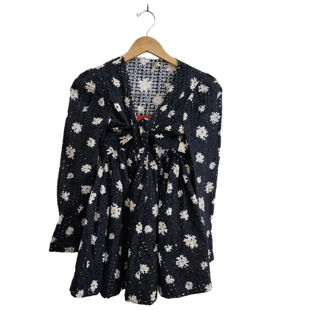 Maje Crop‎ Top & Skirt Set Outfit Size 3 Large Black Daisy Print Boho Beach
