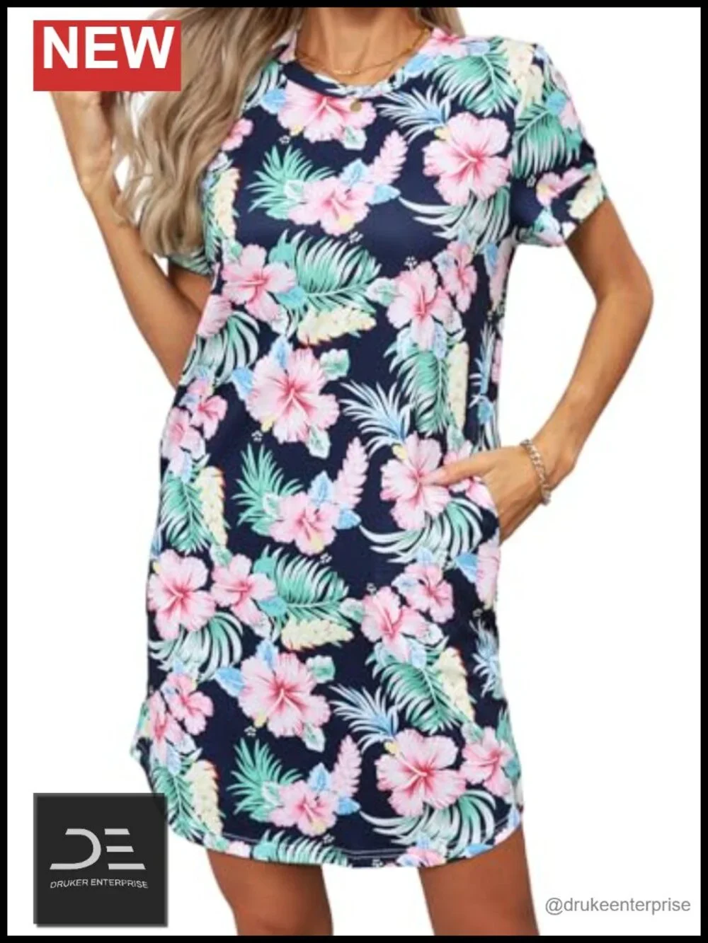 Cotton T Shirt Dress Nightgown Crew Neck Loose Solid Basic Dress with Pockets