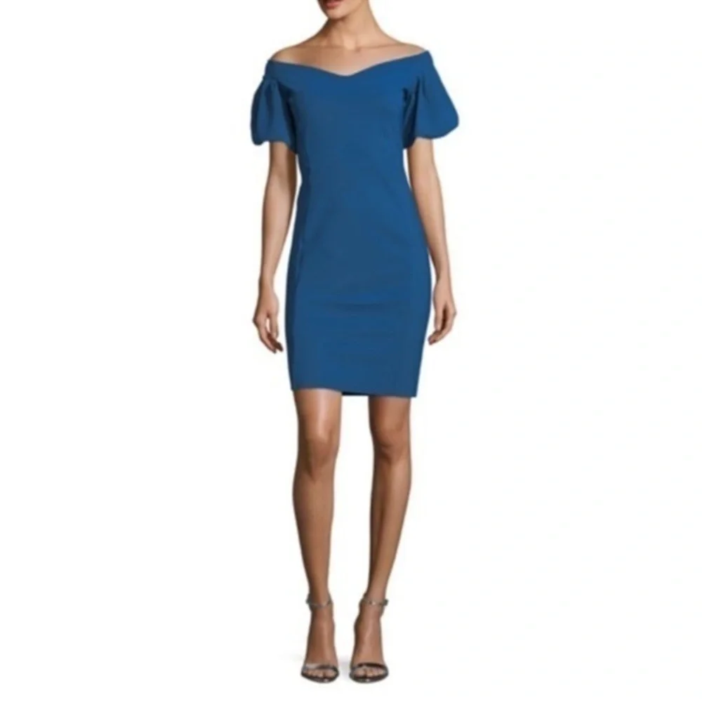 Chiara Boni Dress Guendalina Knee Length Bodycon Puff Sleeve in Blue