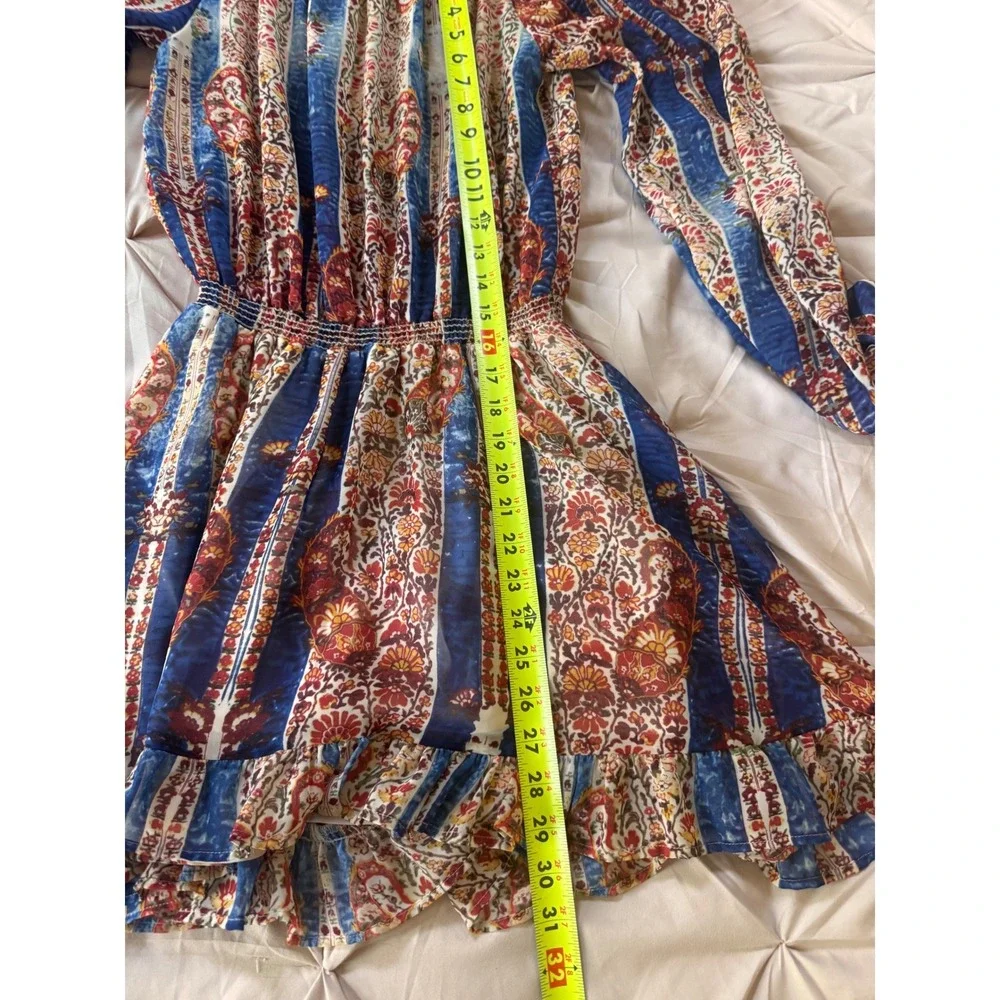 Show Me Your Mumu Womens Paisley Floral Smocked Mini Dress Blue Red Small USA